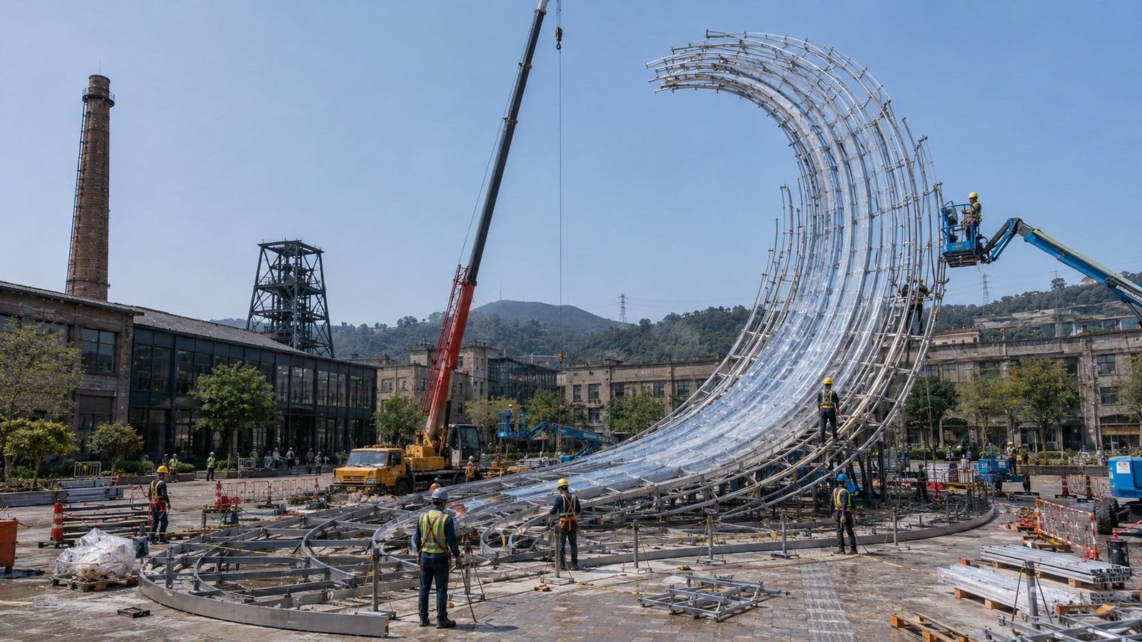Construction visualization of the segmented steel wave structure during installation