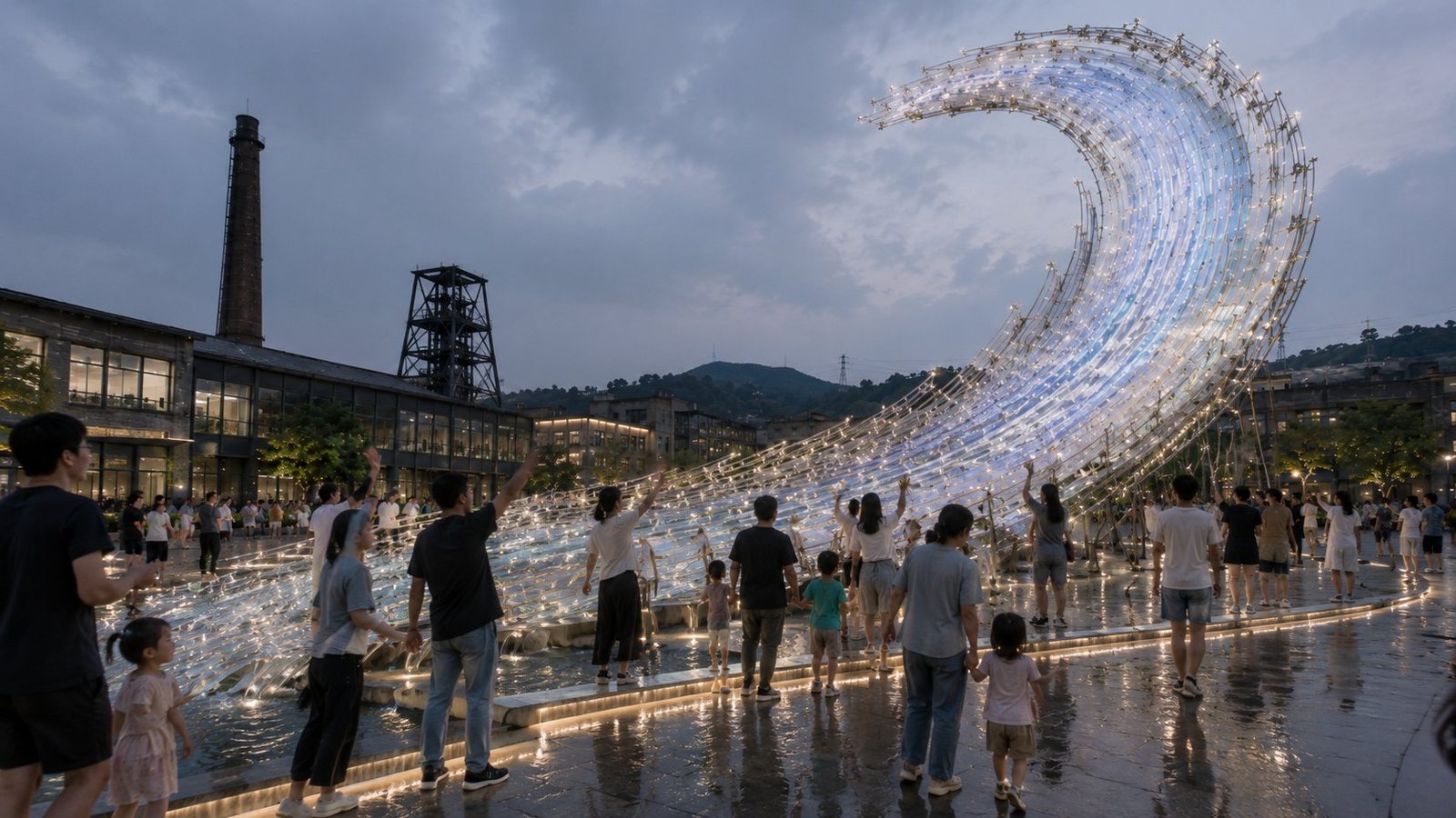 Visitors beneath the crowd-activated wave installation concept