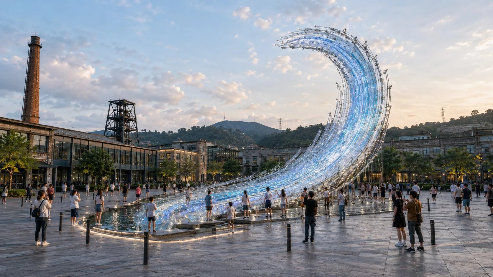 Tide Calling Arena crowd-interactive kinetic wave concept at dusk