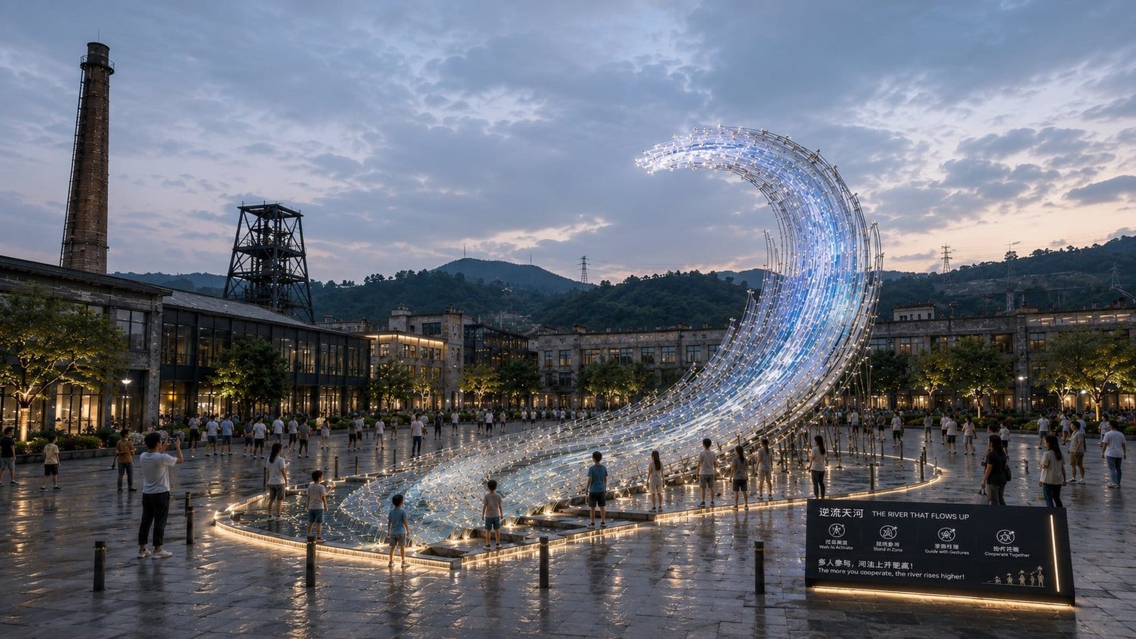 Illuminated kinetic wave public art installation concept at night