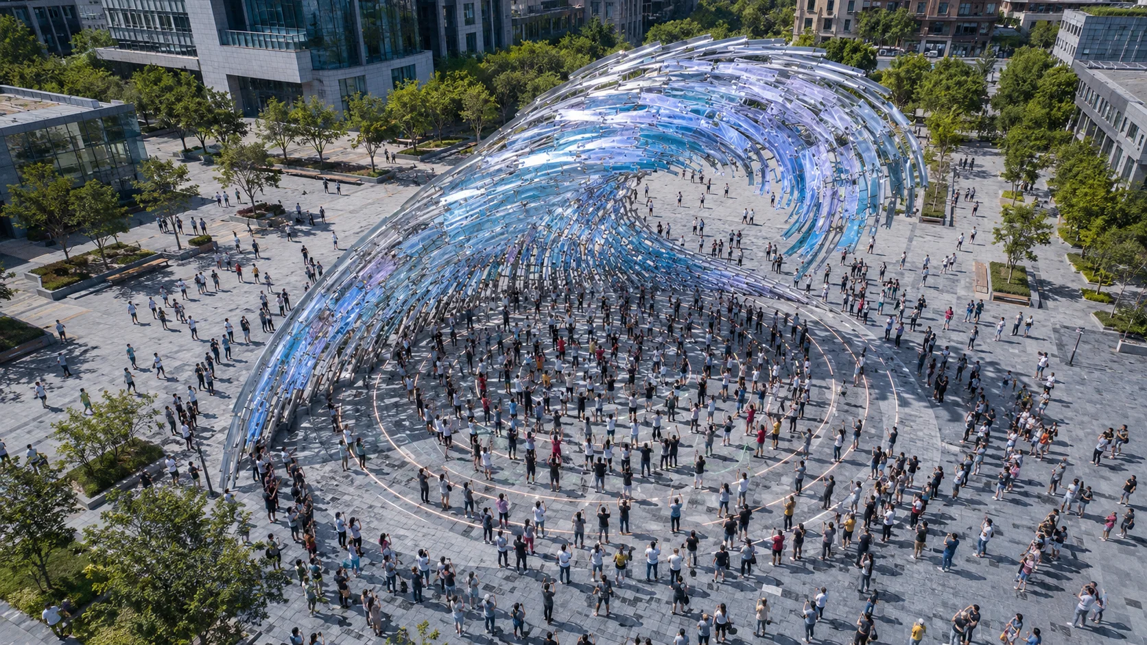 Aerial view of CN-61B TIDE CALLING ARENA showing the curling wave, circular interaction field and surrounding spectators