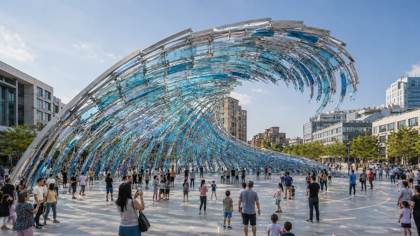 Daytime view of the CN-61B TIDE CALLING ARENA wave structure with visible metal ribs and translucent blue panels