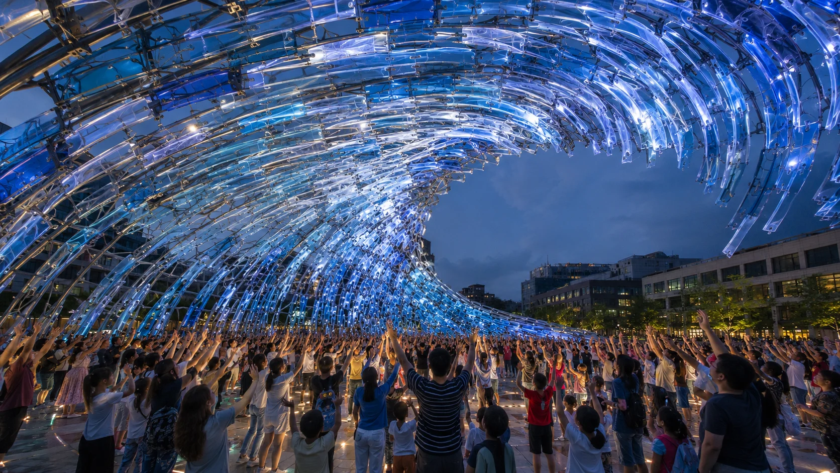 Visitors collectively raising their arms beneath the illuminated CN-61B TIDE CALLING ARENA wave at dusk