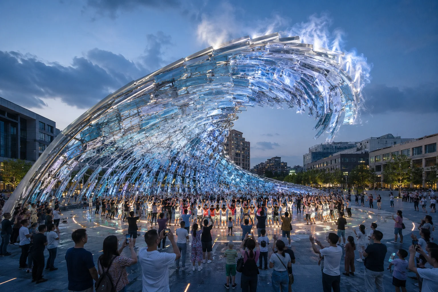 CN-61B TIDE CALLING ARENA giant crowd-activated wave concept rising above visitors in an urban plaza at dusk