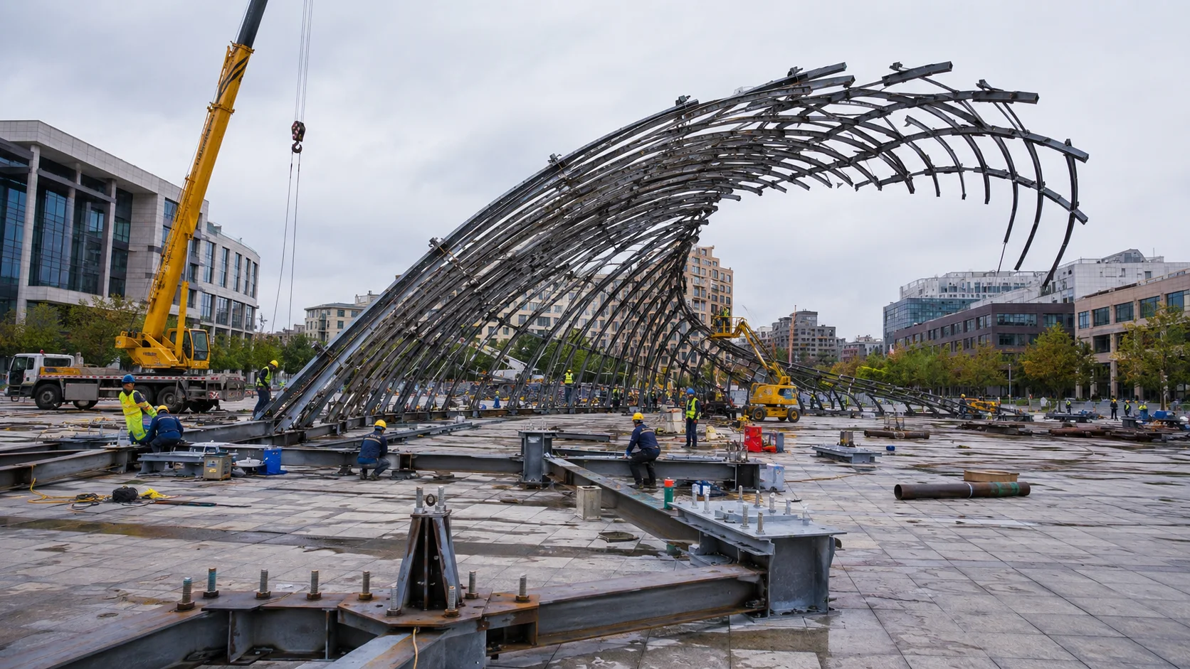Construction visualization of the CN-61B TIDE CALLING ARENA segmented steel rib structure being assembled by cranes and workers
