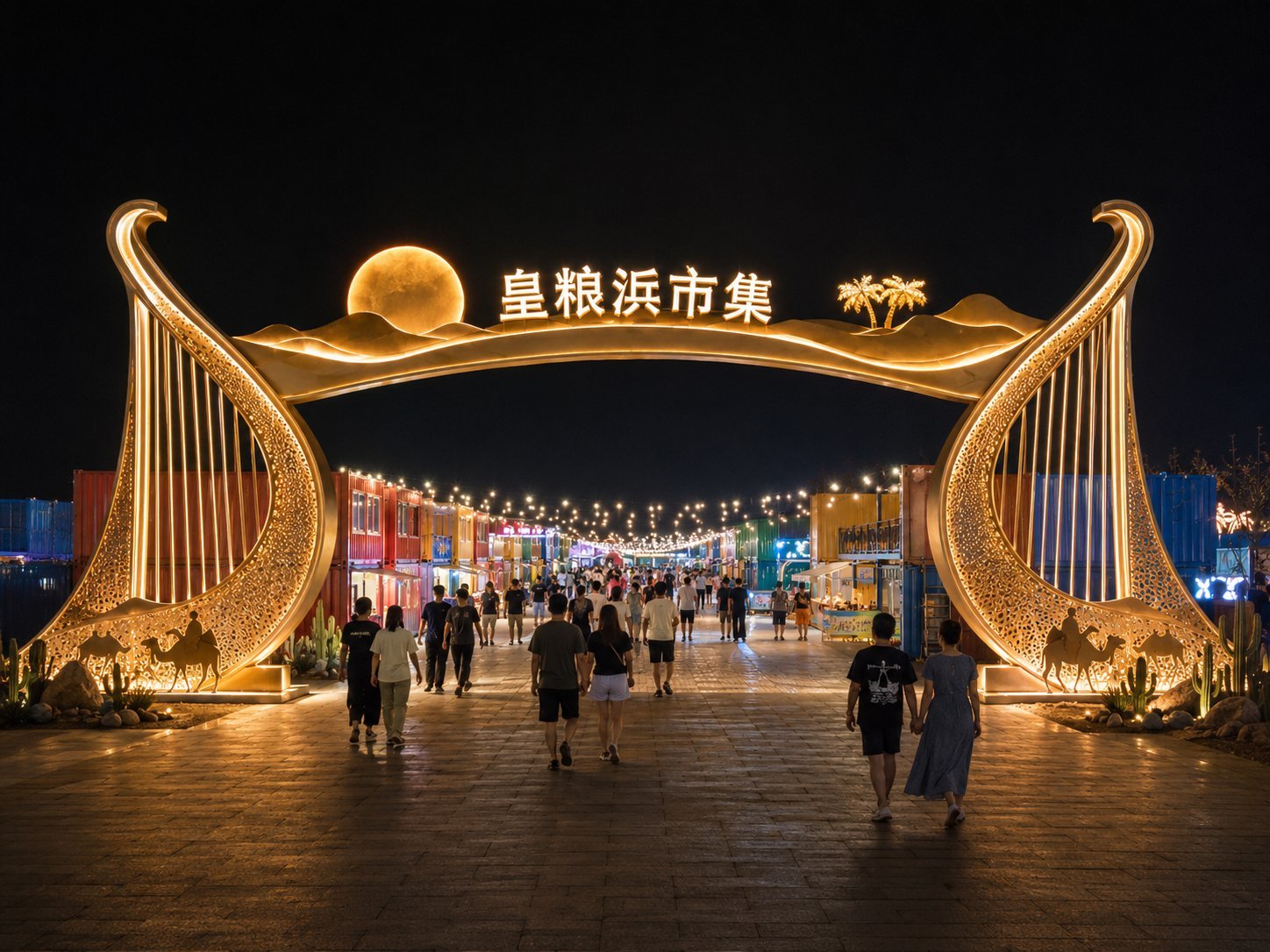 Curved metal night market entrance portal concept with integrated lighting