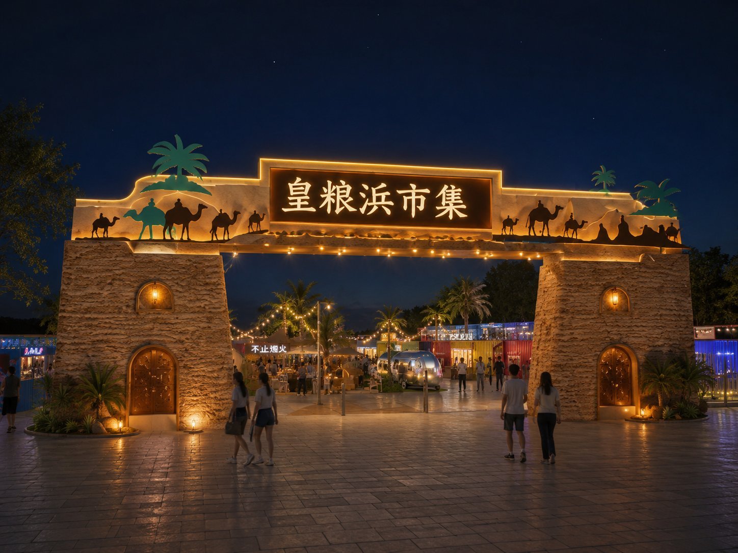 Desert style market entrance arch concept with sculptural walls and warm lighting