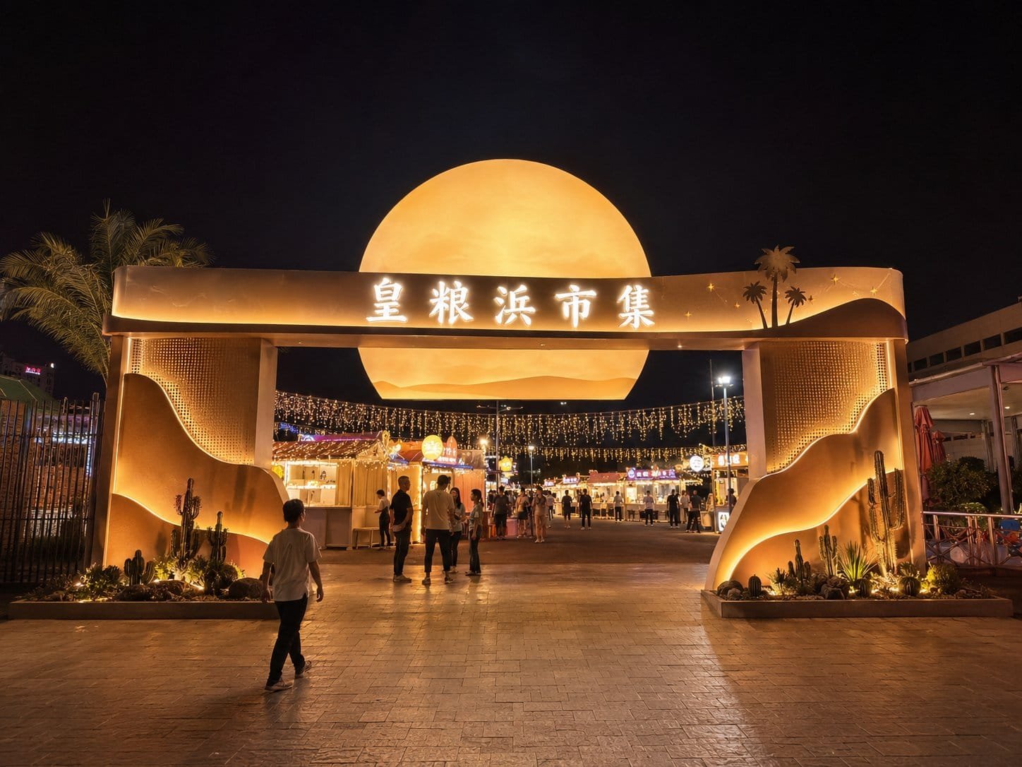 Desert themed illuminated night market entrance gate concept for a commercial street