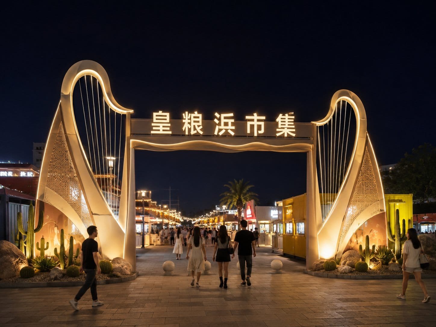 Illuminated moon landmark entrance gate concept for a themed night market
