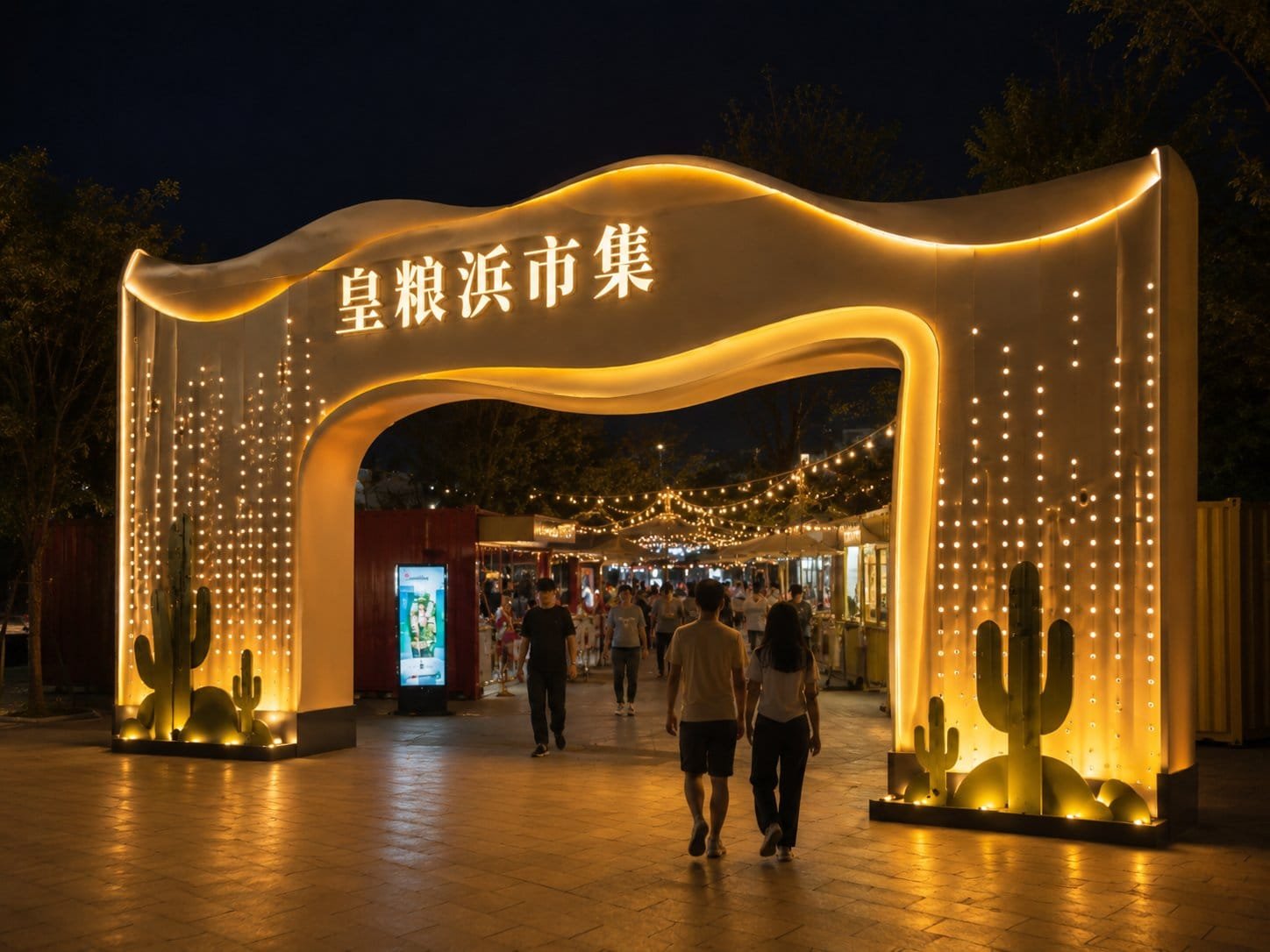 Night market entrance gate concept with vertical light strips and themed side panels
