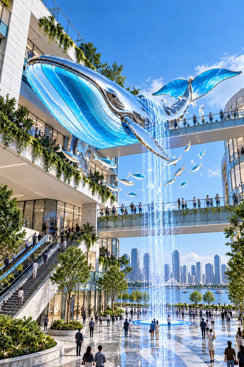 Daytime concept view of a giant suspended silver whale light installation with clear cyan translucent panels above a multi-level waterfront commercial plaza