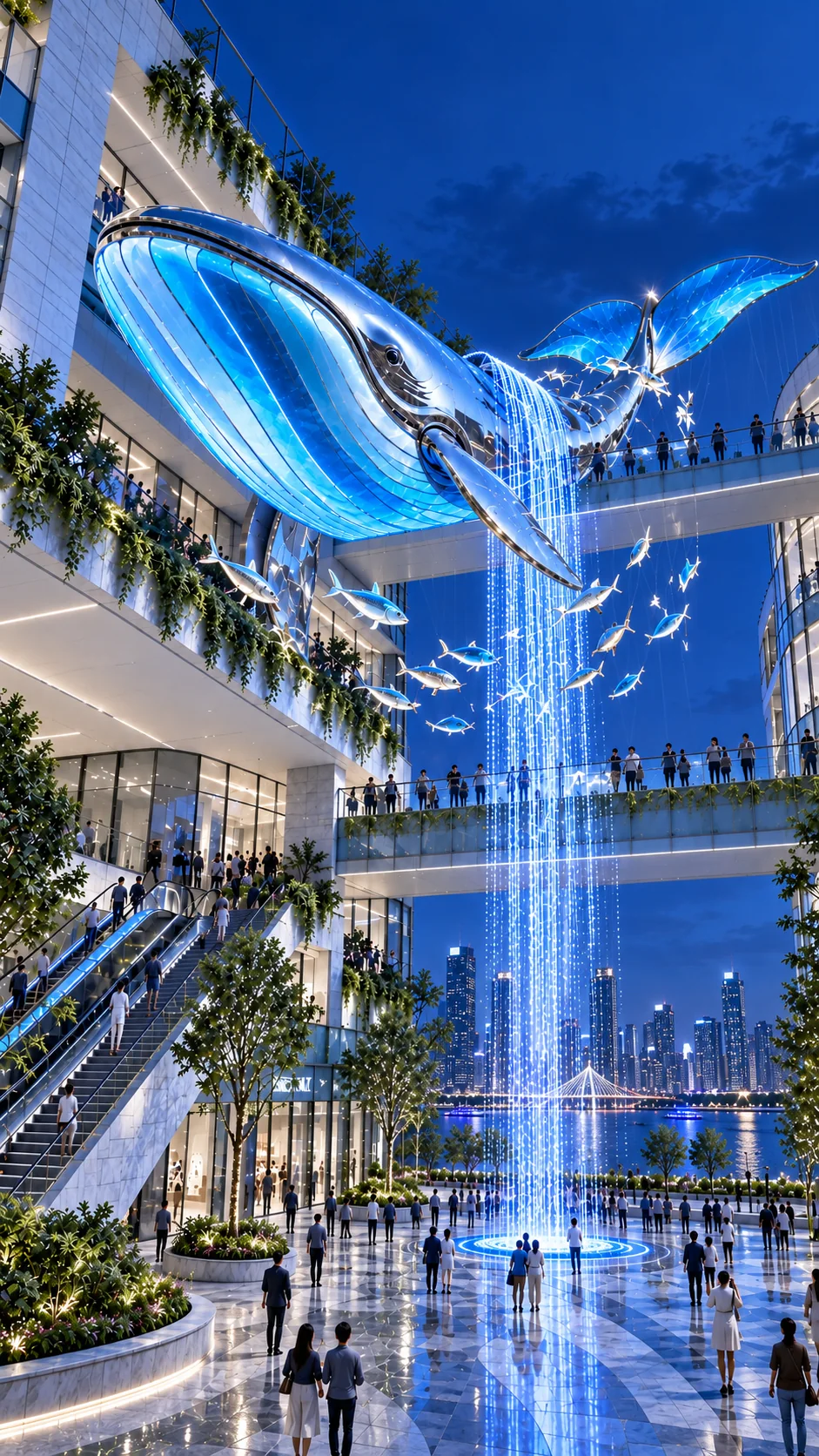 Blue-hour view of the suspended whale light sculpture with cyan belly panels and a vertical blue-white light curtain in a waterfront retail plaza