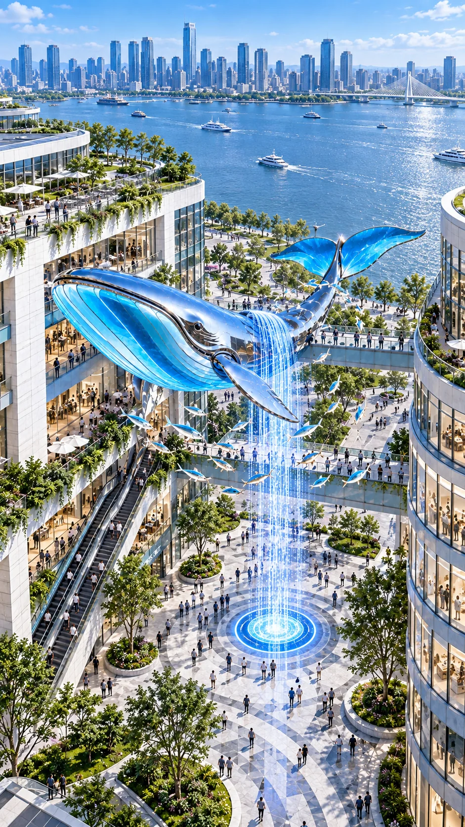 High daytime aerial view of a giant whale light installation spanning bridges and terraces in a waterfront mixed-use commercial development