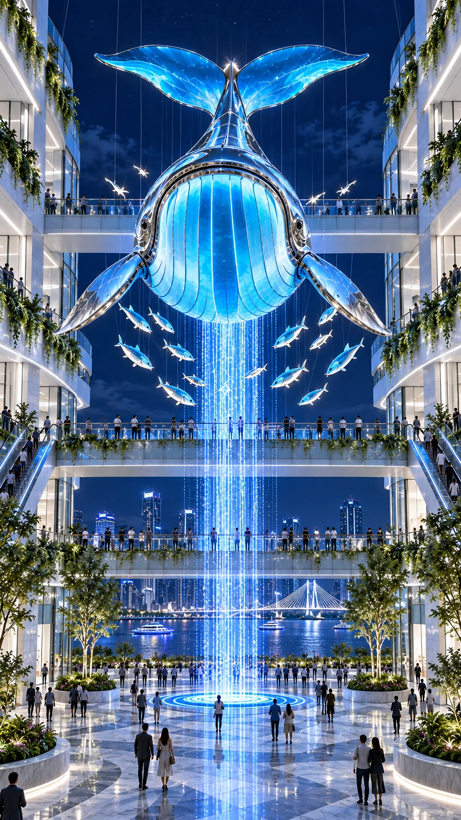 Night front view of a suspended whale light sculpture, smaller fish and a blue vertical light curtain above a commercial plaza
