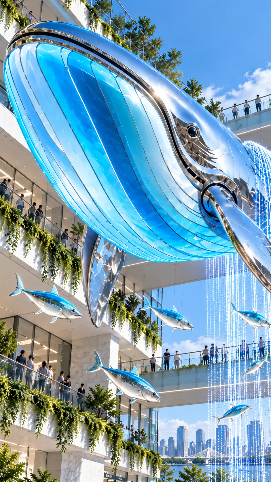 Close-up concept view of the whale installation showing reflective silver cladding, clear cyan translucent belly panels and metal panel divisions