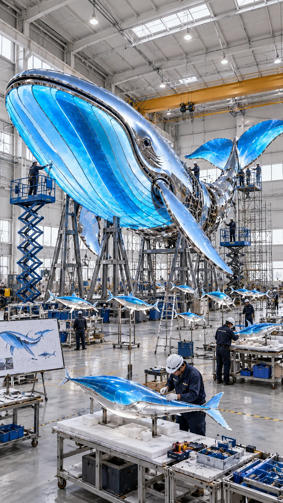Concept factory visualization of modular whale light sculpture fabrication with metal framing, translucent panels and smaller fish components
