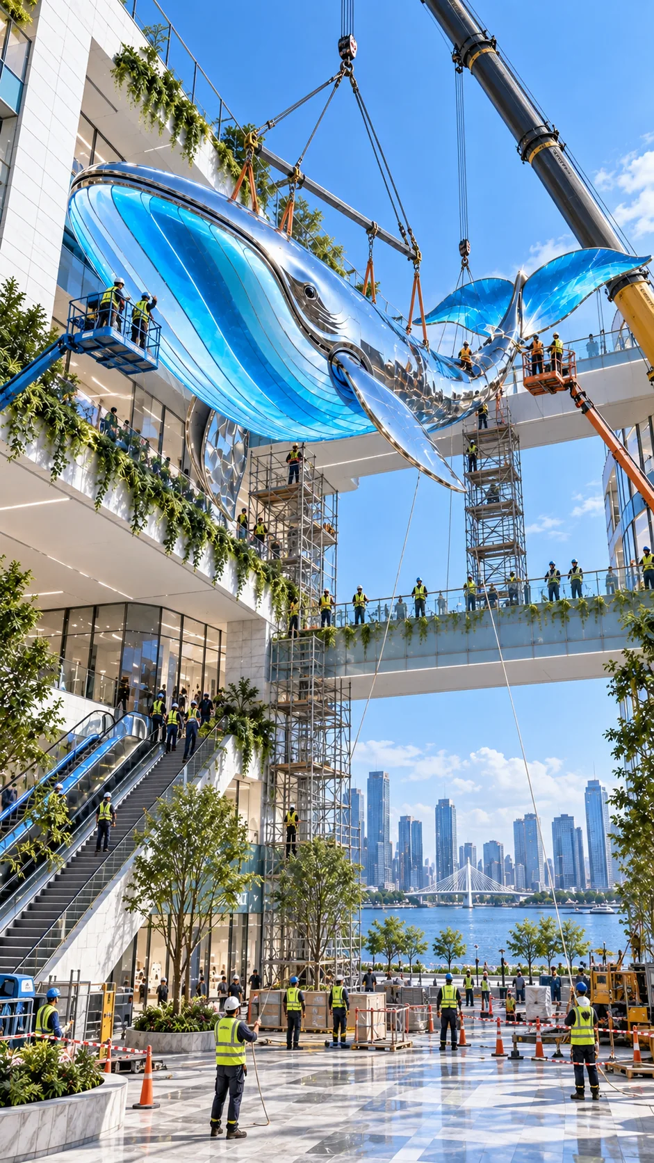 Concept installation visualization showing crane lifting, access platforms and workers assembling a giant suspended whale sculpture in a commercial plaza