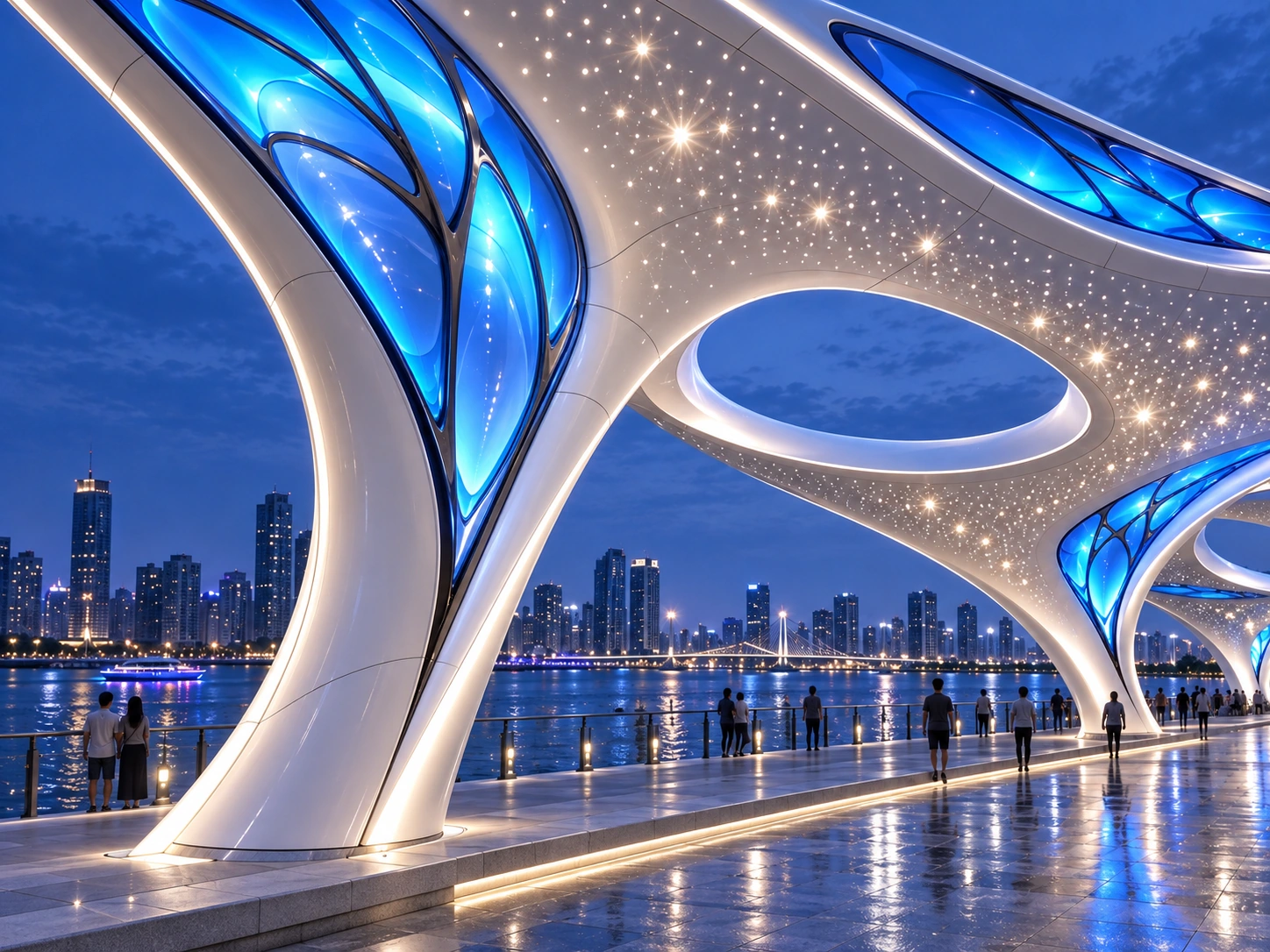 Close-up concept of blue translucent panels, dark curved ribs, white shell joints and small lights around an oval opening.