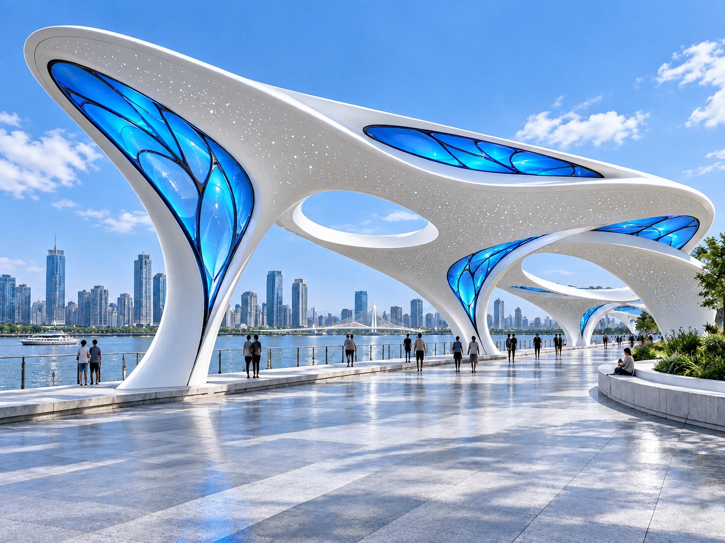 Daytime concept of the white riverside canopy, showing blue translucent panels, curved supports and oval roof openings.