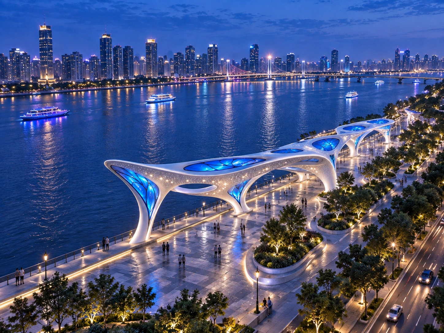 Aerial concept of the illuminated canopy along a waterfront promenade, with the river on one side and planting on the other.