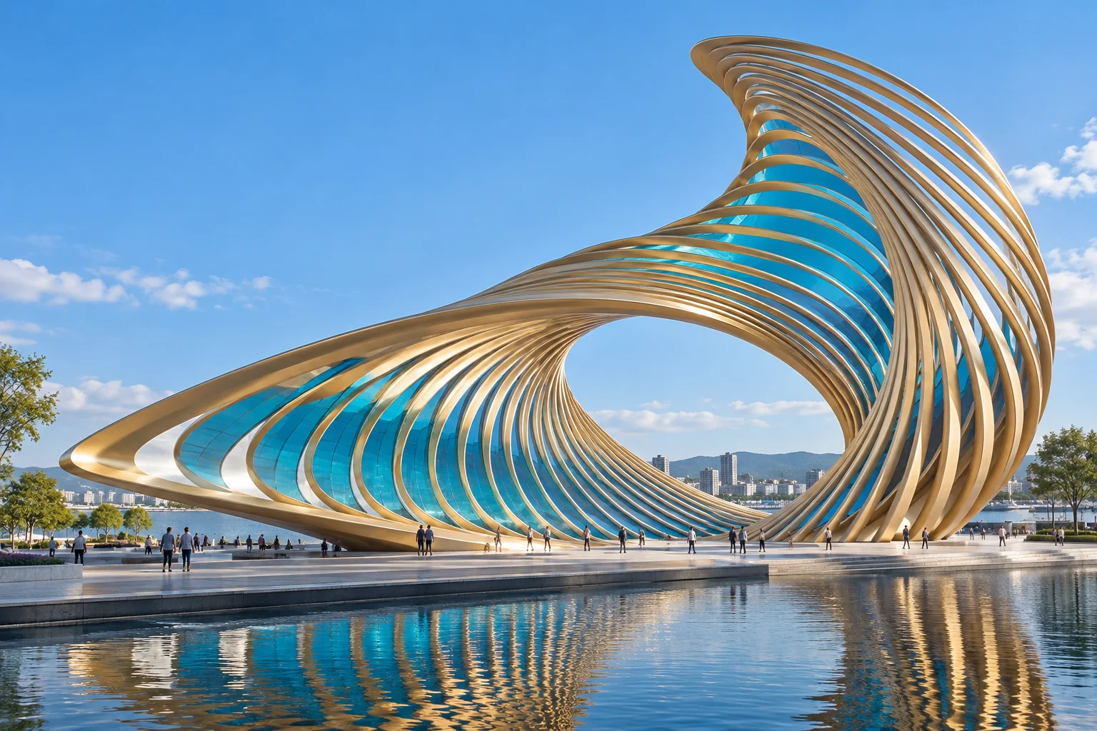 Approved original daytime concept of Tidal Eye with gold-toned curved ribs and blue panels beside water.