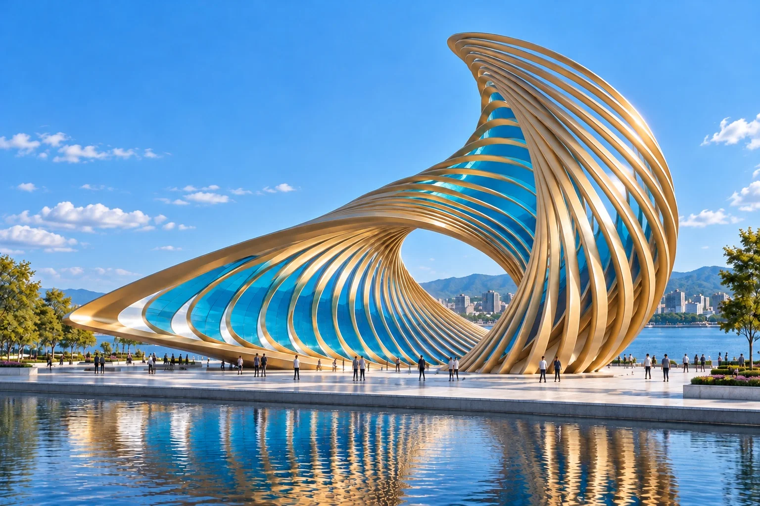Daytime concept view of Tidal Eye with an open spiral and a reflecting pool.