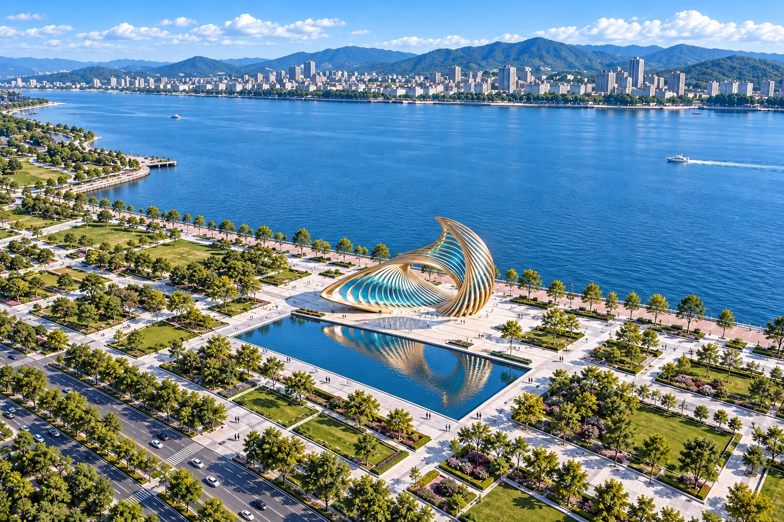 Distant aerial concept showing Tidal Eye within a landscaped waterfront plaza.