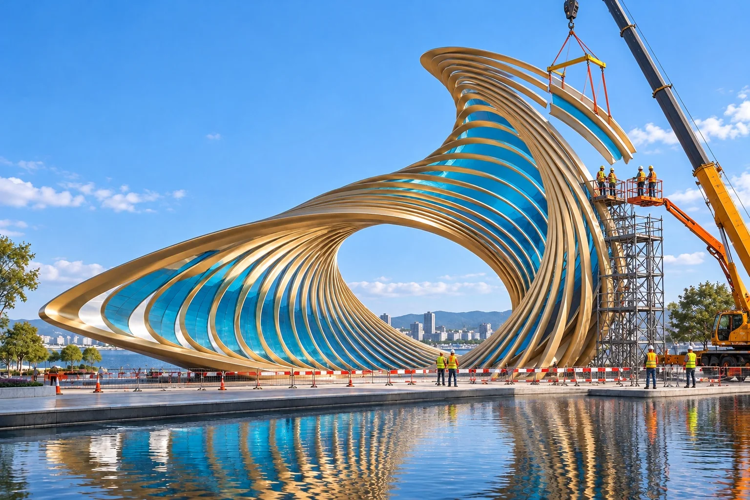Concept illustration of a crane lifting a curved module beside the Tidal Eye sculpture; not a documentary photograph.