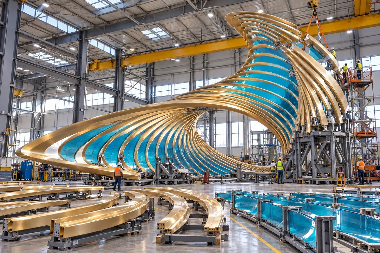 Concept illustration of Tidal Eye pre-assembly with curved metal modules in a workshop; not a documentary photograph.