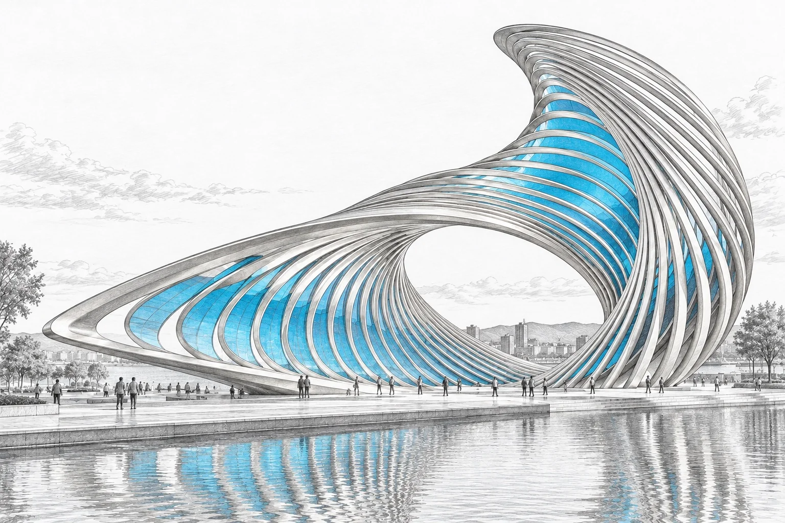 Concept sketch of the asymmetric Tidal Eye sculpture and its waterfront setting.