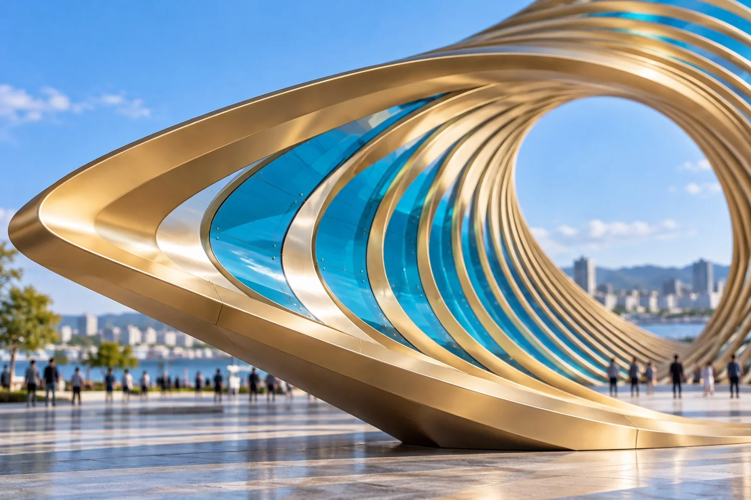 Concept close-up of gold-toned ribs, blue panels and joints at the low edge of Tidal Eye.