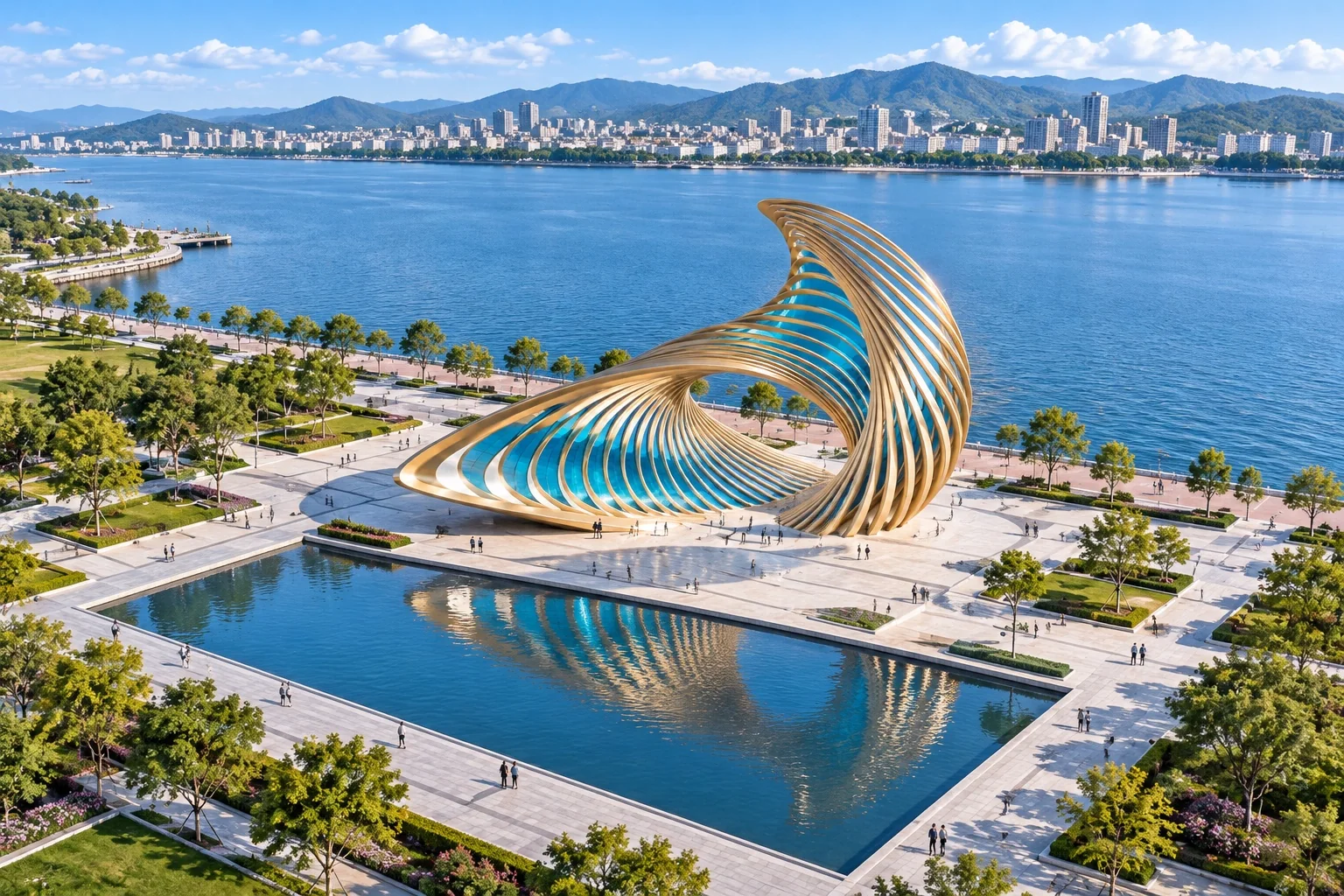 Medium-distance aerial concept of Tidal Eye and the adjacent rectangular reflecting pool.