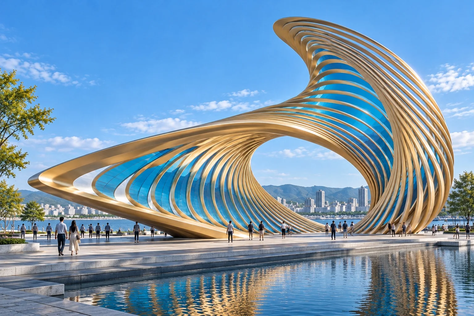 Daytime concept of Tidal Eye seen across the reflecting pool with visitors providing scale.