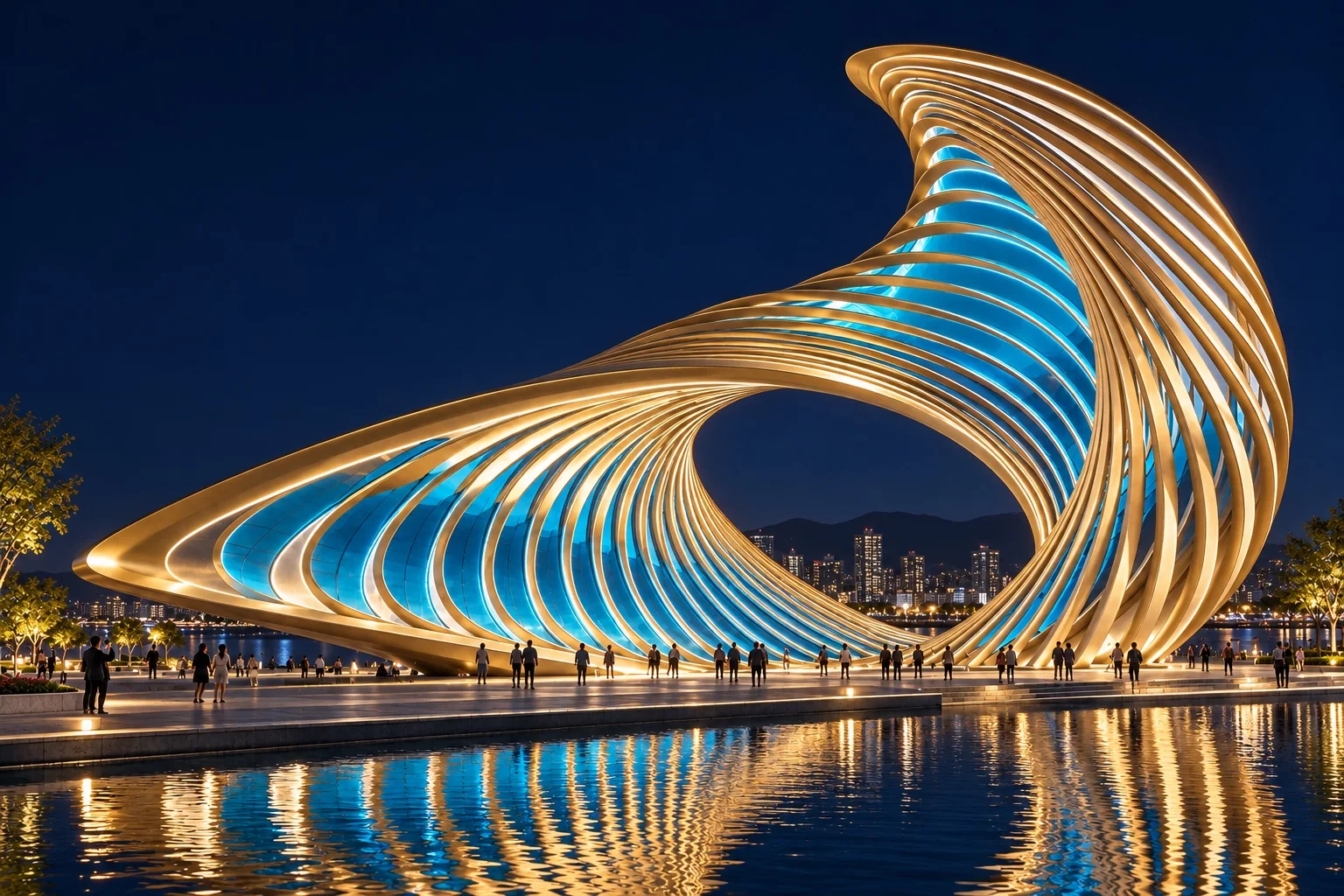 Night lighting concept of Tidal Eye with warm-white curves, cyan accents and water reflections.