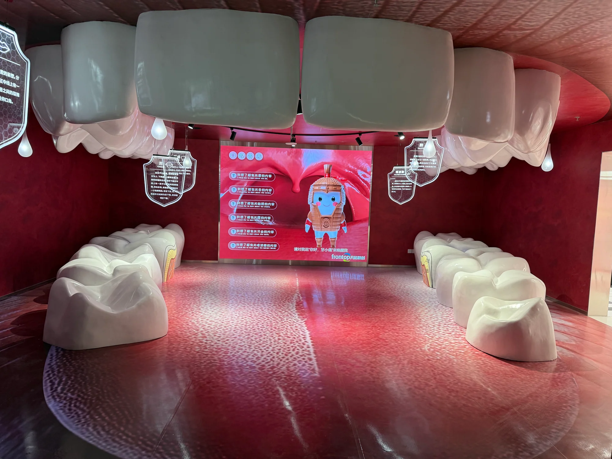 Walk-through mouth-themed exhibition space with enlarged teeth and interpretation screen