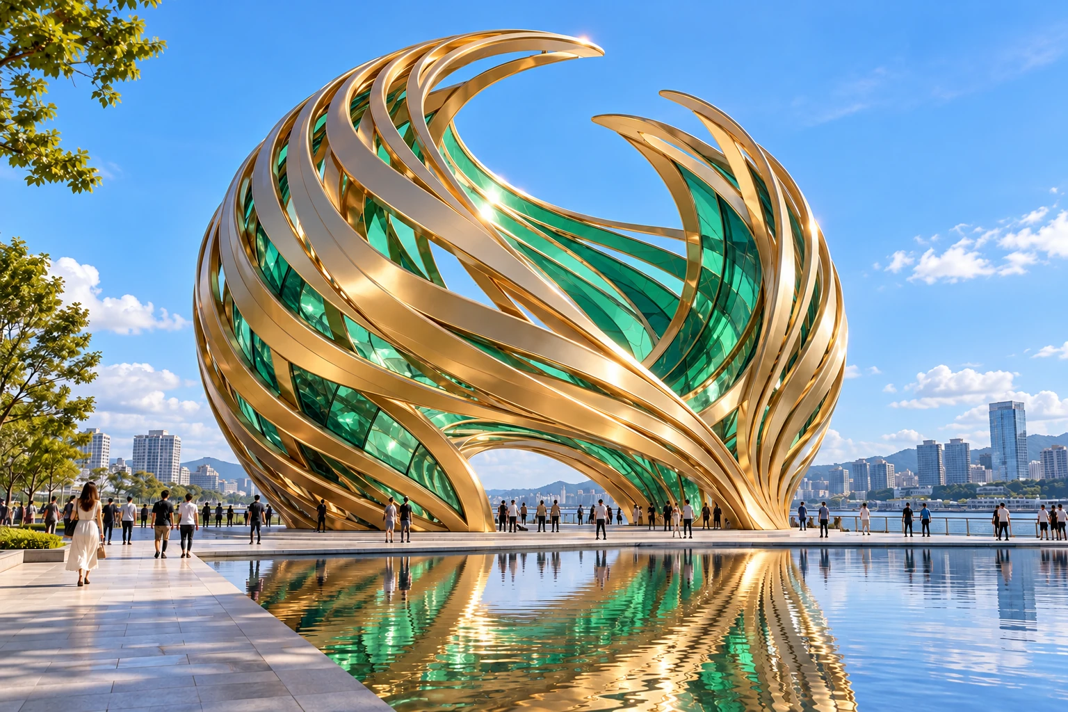 ALISN original concept hero view of a golden ribbon pavilion with emerald-gradient translucent panels by a waterfront reflecting pool.