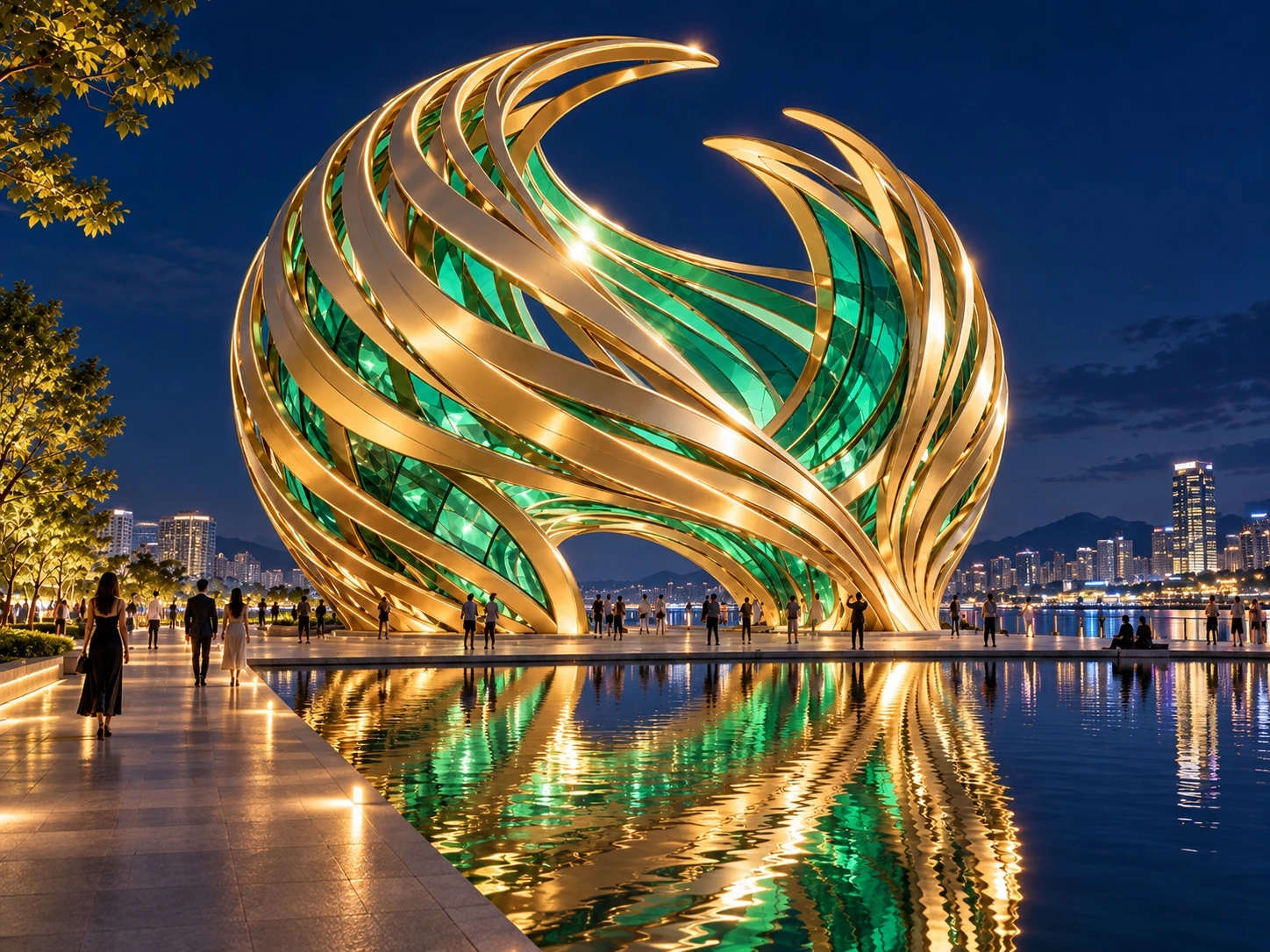 Nighttime concept visualization of Emerald Flow Pavilion with illuminated golden ribbons and green panels reflected in a waterfront pool.