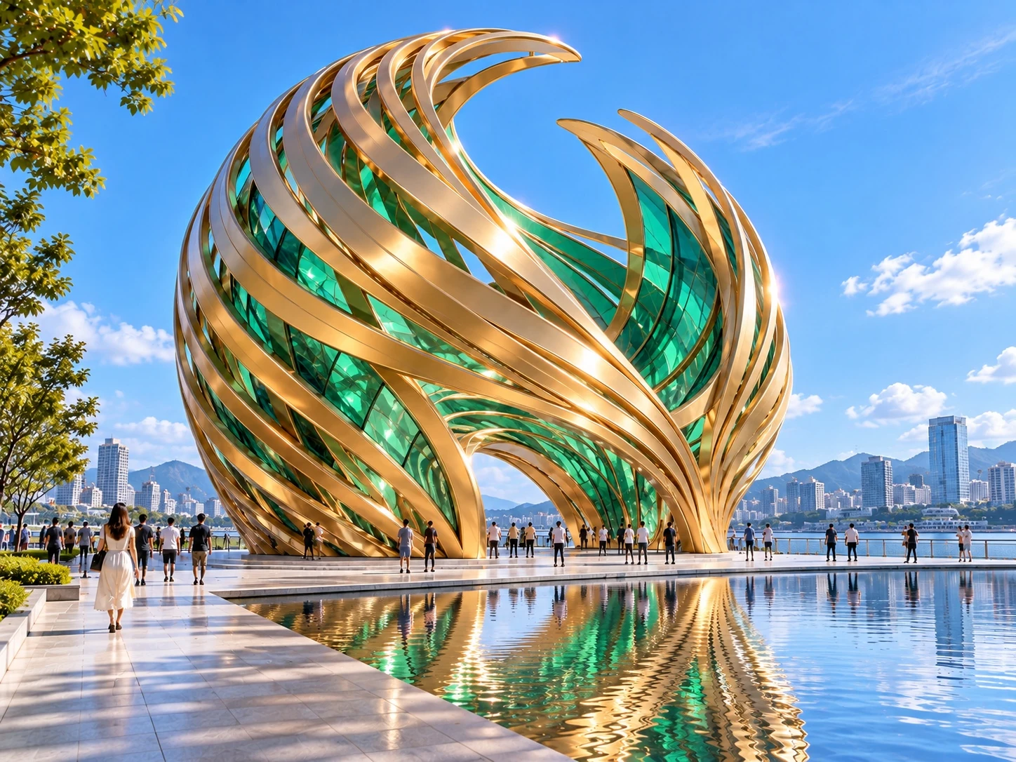 Daytime angle showing the sweeping golden ribs, emerald translucent infill and walk-through opening of the pavilion.