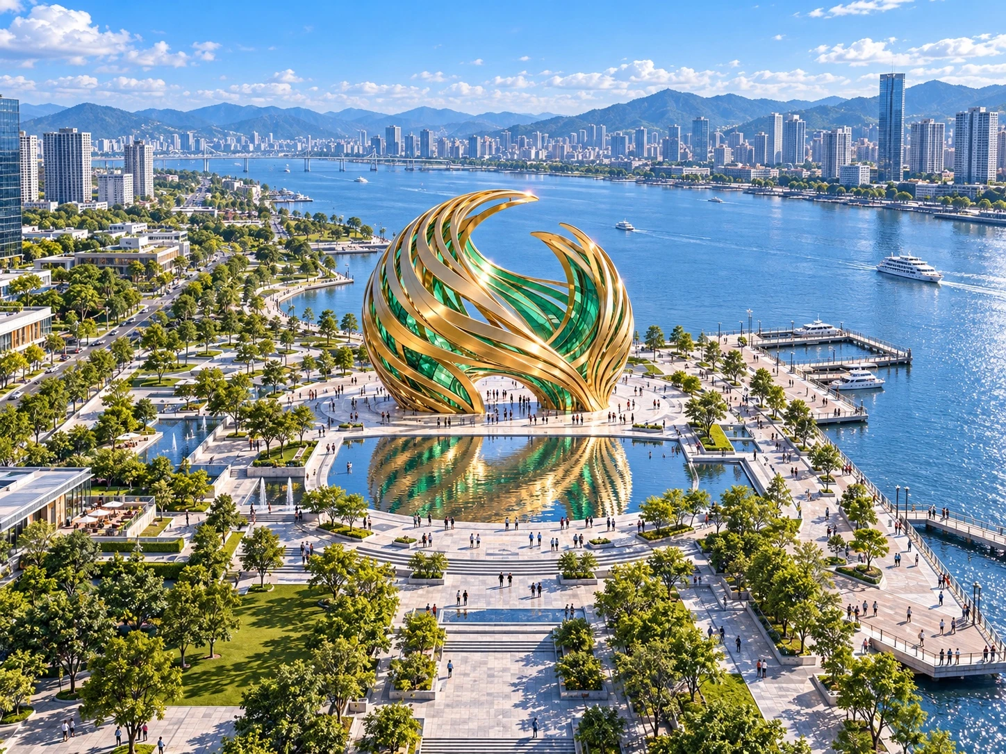 Distant aerial concept view of the large waterfront pavilion, surrounding public plaza and reflecting pool.