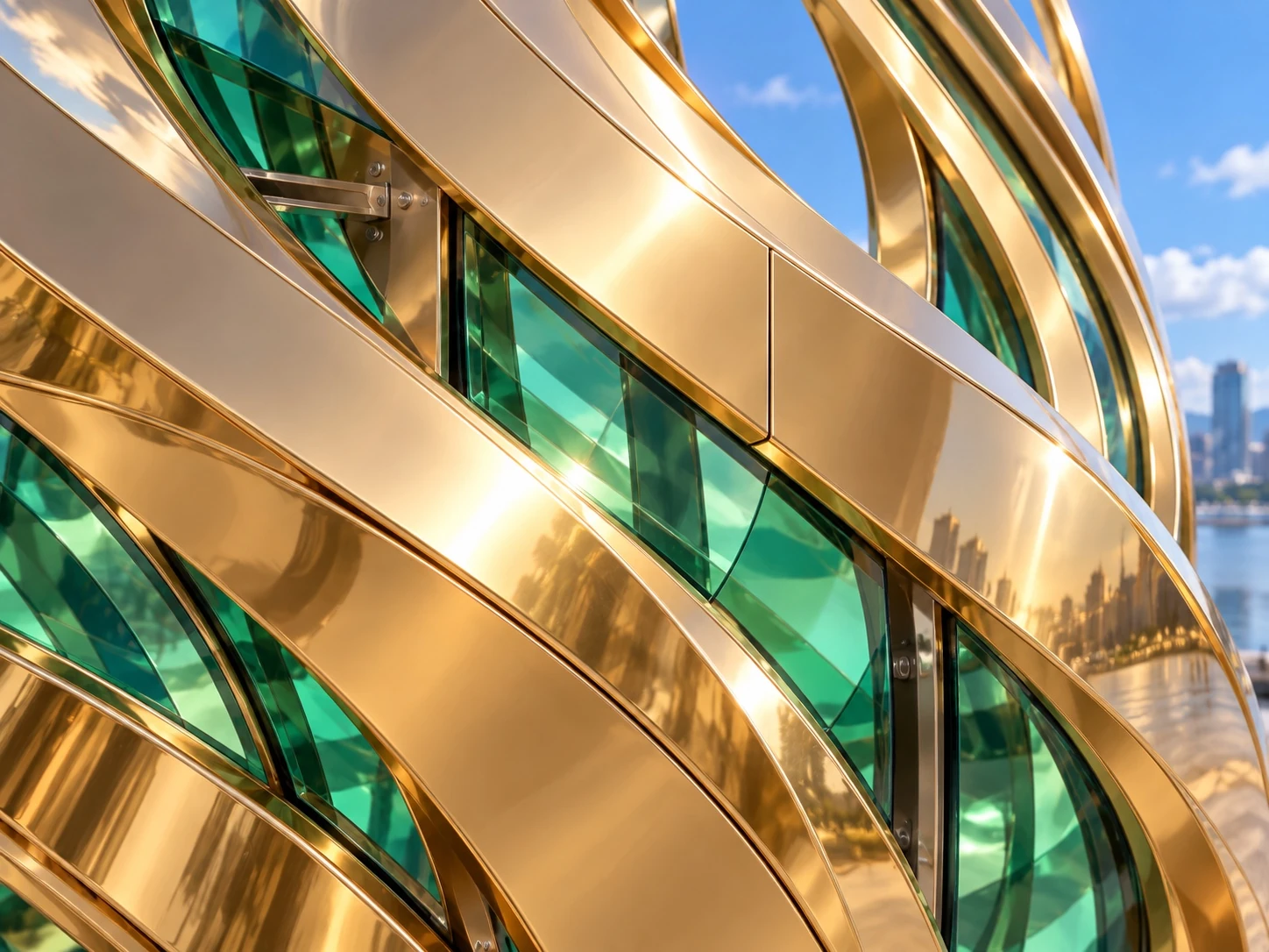 Concept close-up of polished gold-toned metal cladding and emerald-gradient transparent panels with proposed concealed fixings.