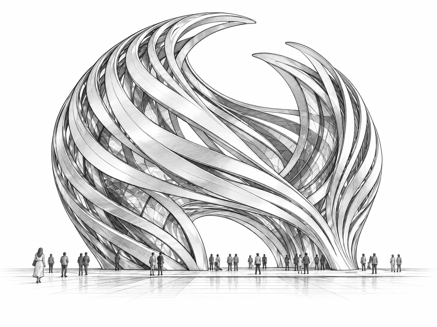Black-and-white pencil design sketch of the Emerald Flow Pavilion showing its layered ribbon silhouette and arch.