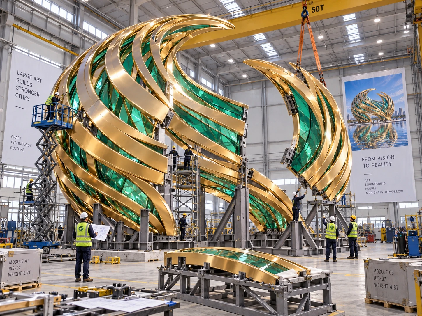 Illustrative factory pre-assembly concept depicting sectional assembly of the large gold-and-emerald sculptural pavilion.