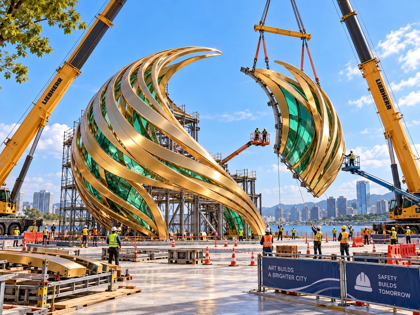 Illustrative construction concept depicting a crane lifting a modular section beside a partially assembled pavilion.