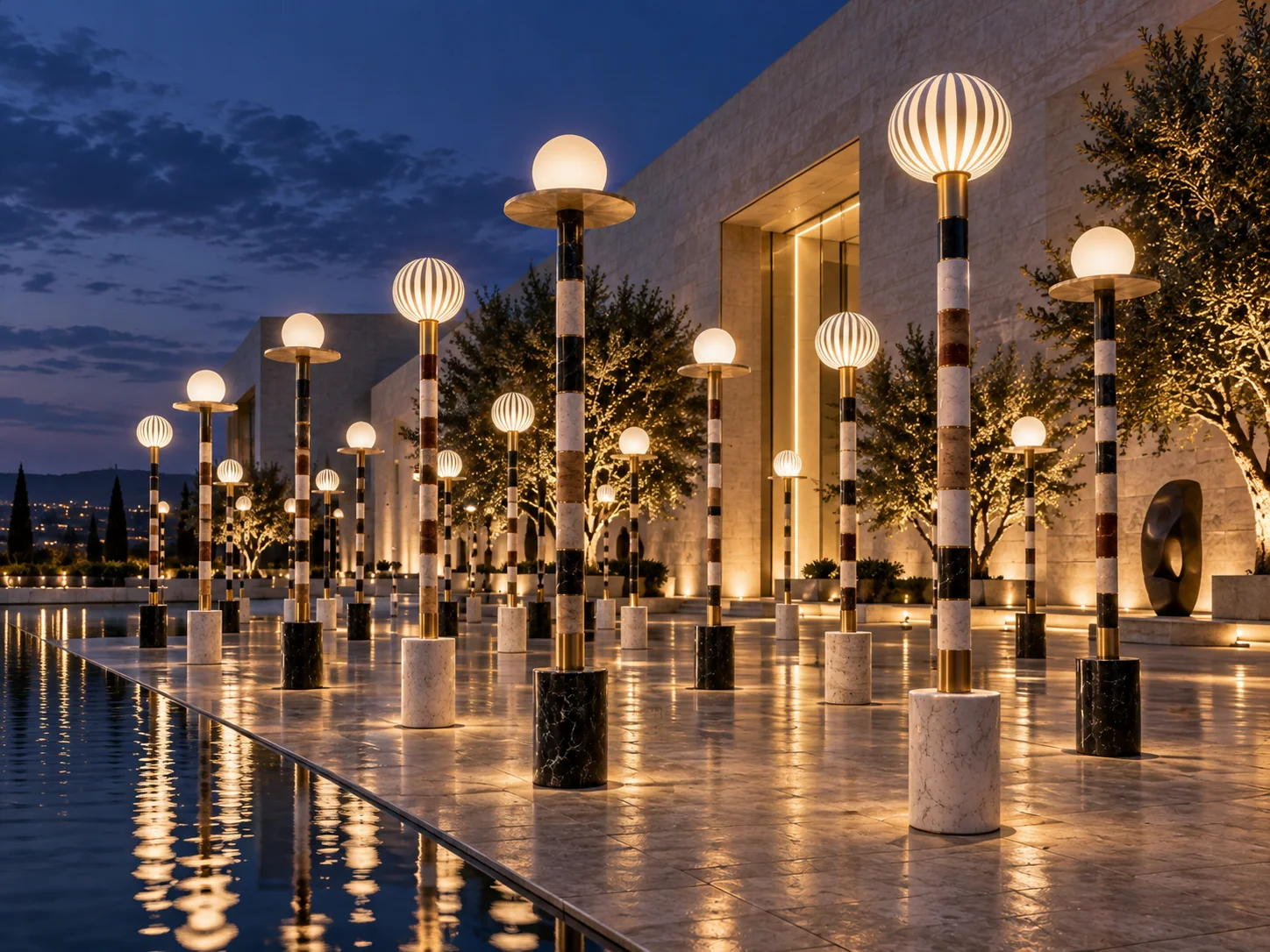 Side perspective of illuminated sculpture columns with ribbed globes and circular metal discs beside a reflecting pool at blue hour