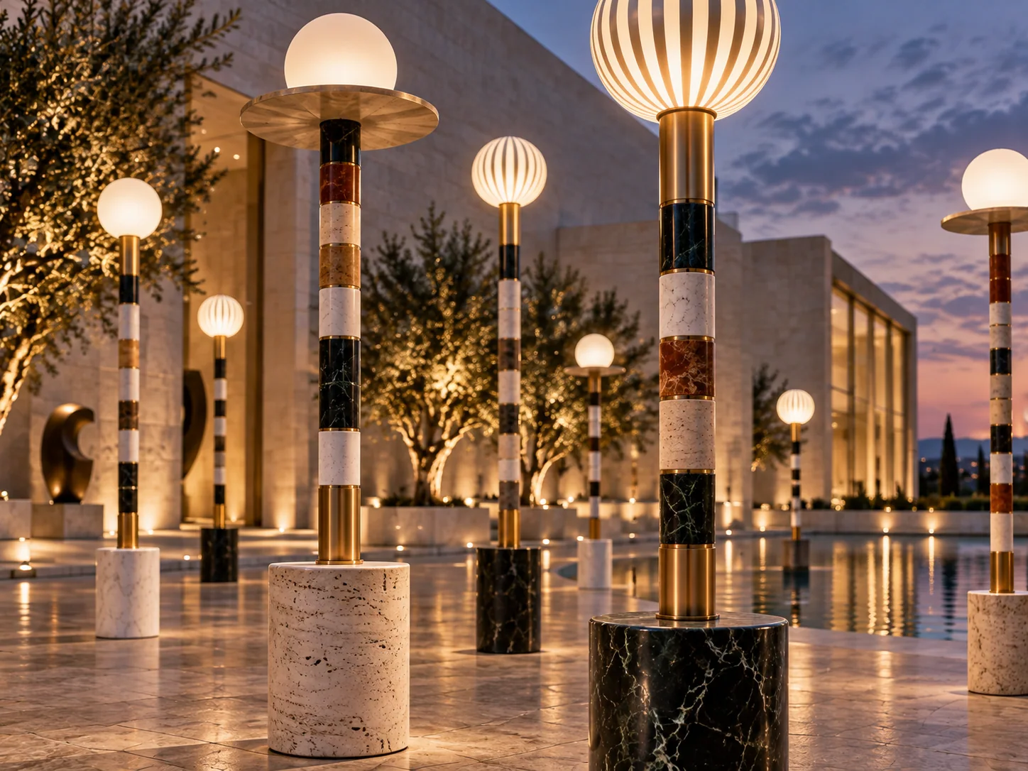 Close-up concept rendering of banded stone-finish light columns with brass-tone details, circular trays and illuminated diffusers