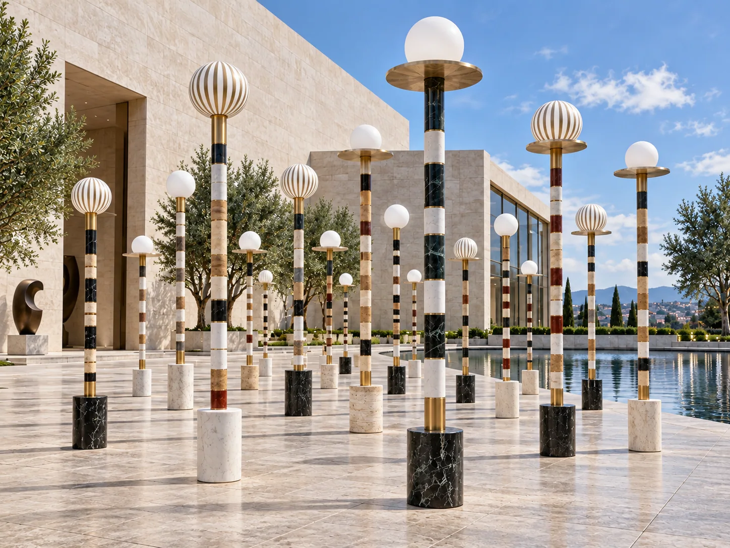 Daytime view of Luminous Rhythm public art concept showing striped decorative columns and white sphere and ribbed lantern tops