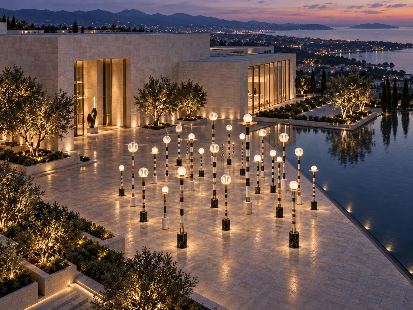 Elevated wide view of the Luminous Rhythm light-column grouping arranged across a waterfront-facing contemporary plaza