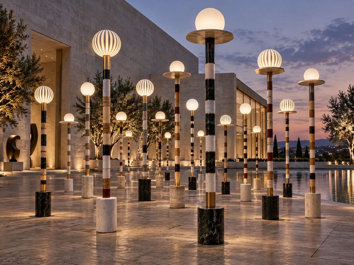 Concept rendering of varied-height sculptural light columns with glowing globe lanterns in a modern plaza beside a reflecting pool at dusk